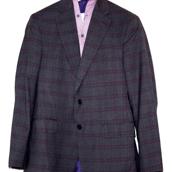 Ted Baker Endurance Gray Burgundy Plaid Wool Men Blazer Sport coat size: 40S